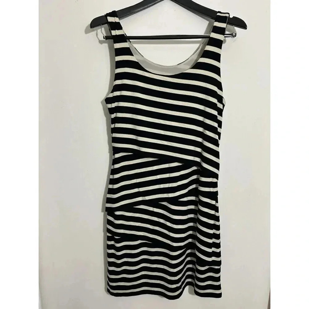 Ann Taylor Loft Black Striped Asymmetrical Tiered Dress Office Casual Size S